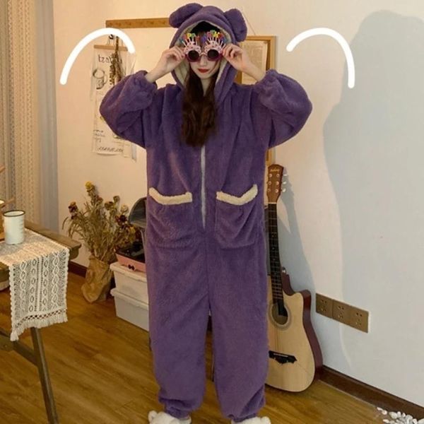 

autumn and winter onesie women girlfriends cute hooded nightgown sweet romper fashion 2 color warm pajamas, Blue;red