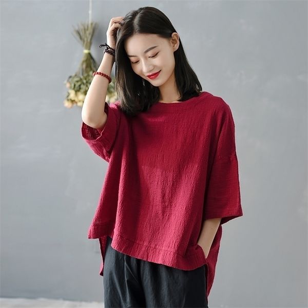 

johnature women vintage cotton linen t-shirts solid color irregular new summer o-neck short sleeve irregular women t-shirts 210324, White