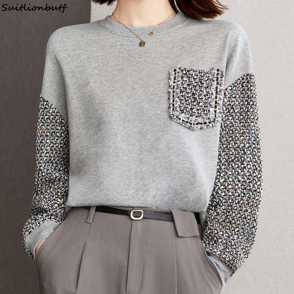 

women's hoodies & sweatshirts autumn winter spliced women sweatershirt pullover full sleeve loose hoodie elegant vintage office lady st, Black