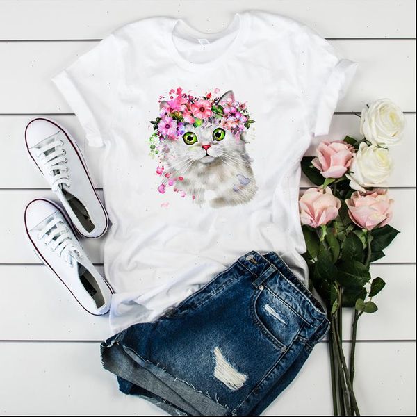 

women print womens t shirts cat cute flower fashion casual short sleeve tees female ladies lady shirt, White