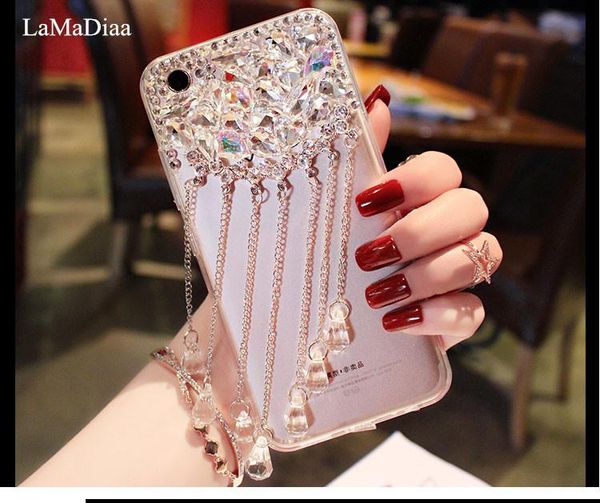 

lamadiaa for 11 12 pro x xs max xr case bling black white diamond tassel pendant rhinestone cover 6 7 8plus cell phone cases