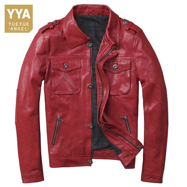 

men's leather & faux luxury mens spring autumn 100% natural sheepskin moto biker windproof coat male punk genuine jacket red slim rock, Black