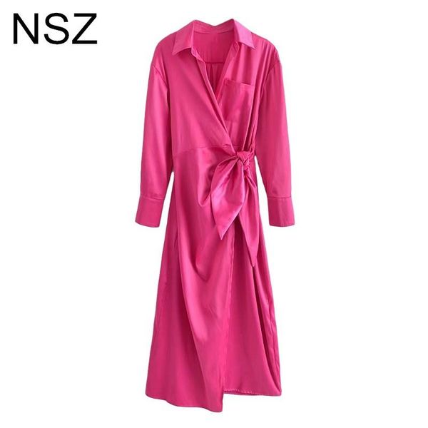 

casual dresses nsz women satin windbreaker style wrap dress summer 2021 long sleeve crossover bow tied party night club high split, Black;gray