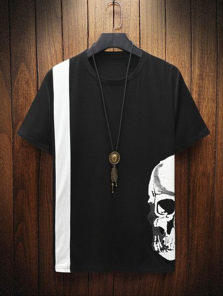 

men skull print colorblock tee e83j#, White;black
