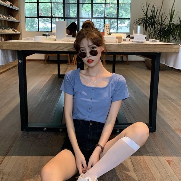 

women's t-shirt solid color japanese style square collar shirt design sense niche slimming short sleeve 2021 summer ins fashion, White