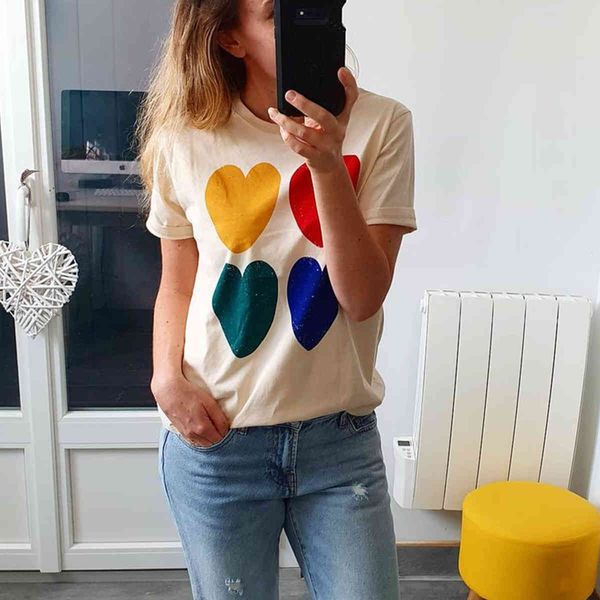 

t shirt heart organic cotton t shirt women short sleeve o neck beige boho casual shirts summer vintage printed tees tshirt, White