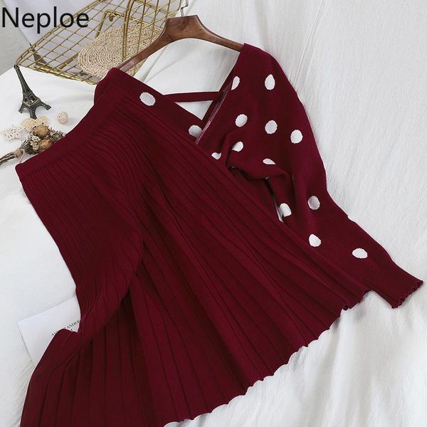 

two piece dress neploe women 2 set polka dot v neck cross design long sleeve sweater +stretch waist pleated skirt winter suits 80723, White