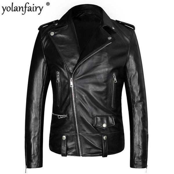 

men's leather & faux 100% genuine jacket men motorcycle real sheepskin spring autumn clothing casacos masculino pph1053, Black