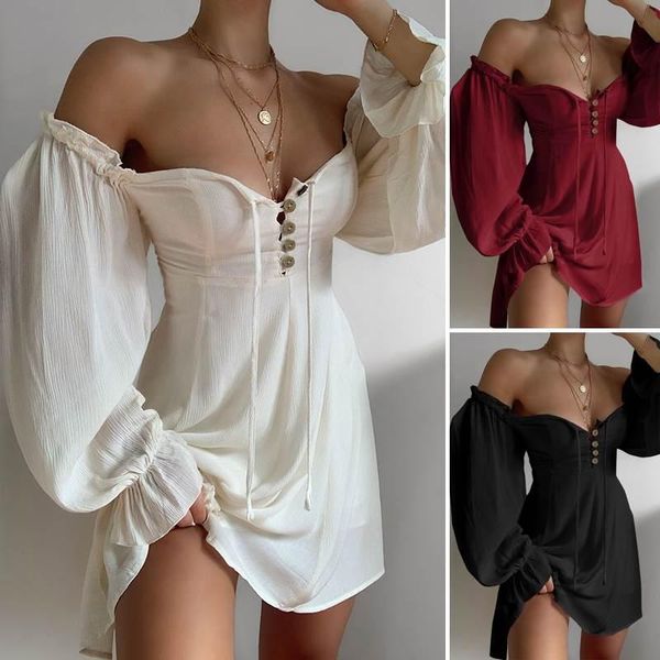 

casual dresses mini dress women off shoulder puff long sleeve ruffle solid sundress lady party 2021 autumn, Black;gray