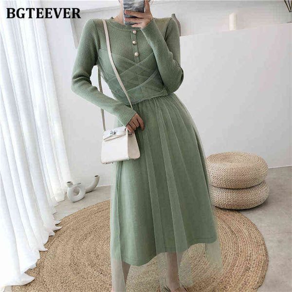 

bgteever elegant o-neck button knitted women dresses autumn winter 2021 mesh patchwork female dress midi sweater vestidos femme y1204, Black;gray