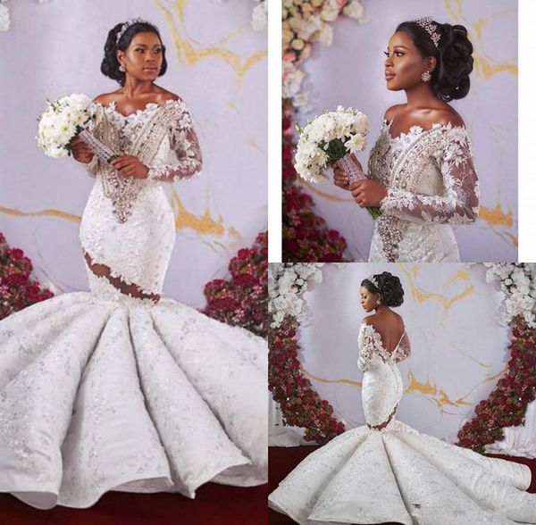 Shinny Crystal African Off spalla abiti da sposa a sirena maniche lunghe di lusso aperto indietro abito da sposa in pizzo trasparente Plus Size Custom Made 2022