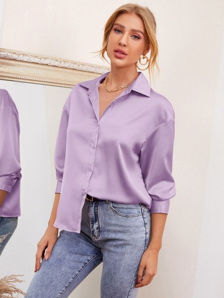 

drop shoulder solid satin blouse t5zy#, White