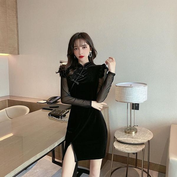 

casual dresses fashion women's clothing vintage style black patchwork long sleeve dress mesh button stand empire sheath, Black;gray