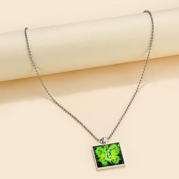 

pendant necklaces european and american cross-border geometric block gem necklace green butterfly wallpaper oil painting time neck, Silver