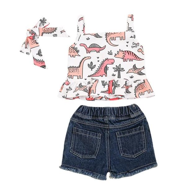 

clothing sets girls summer sweet cotton suit printing denim shorts gift hair band children's hands feel soft protect skin, White