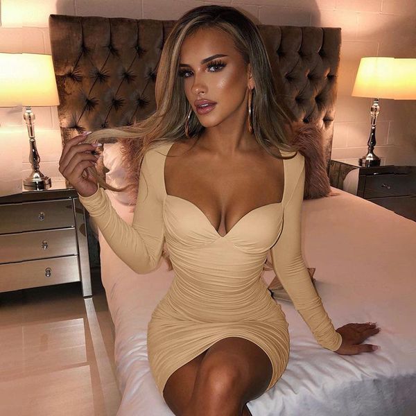 

casual dresses women dress long sleeve pleated deep v neck solid color street mini slim elegant party clubwear fashion autumn, Black;gray