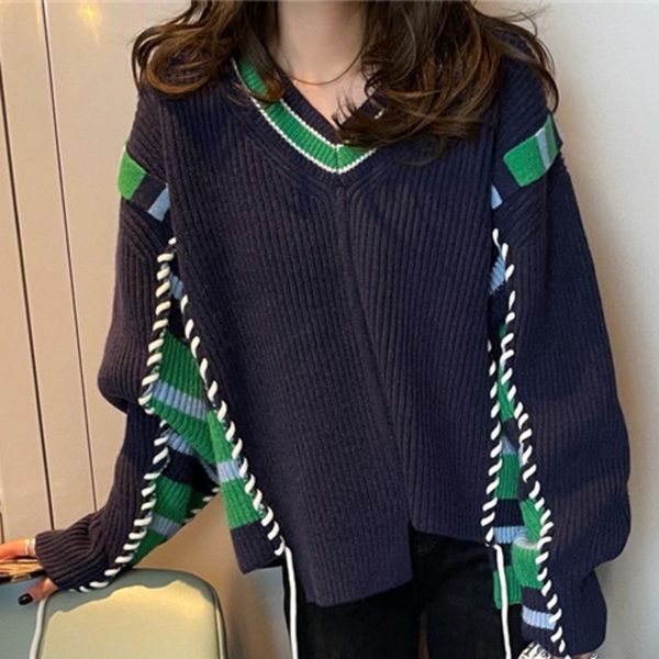 

women's sweaters [ewq] 2021 spring women gentle casual v-neck loose soft panelled long sleeve drawstring pullover knitting sweater 8y63, White;black