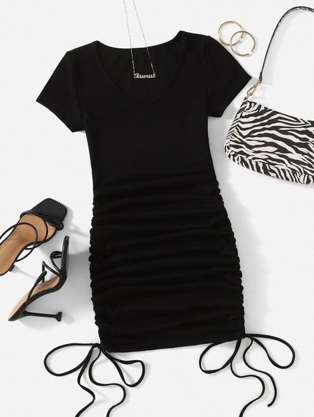 

v-neck drawstring ruched side dress v9t1#, Black;gray
