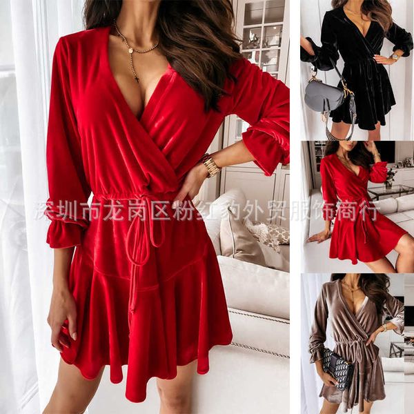 

winter autumn and ins net red women's v-neck waist drawstring veet dress, Black;gray