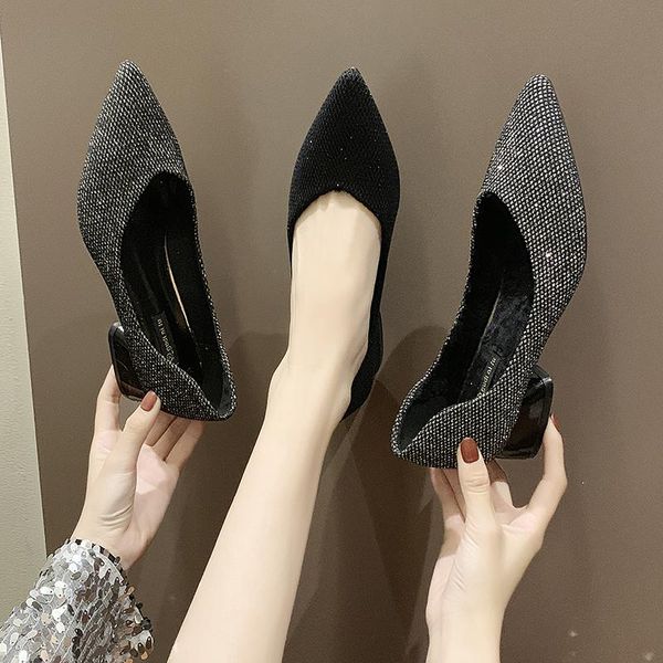 

dress shoes 2021 small fragrance wind pointed sequin cloth professional thick single women tide, Black