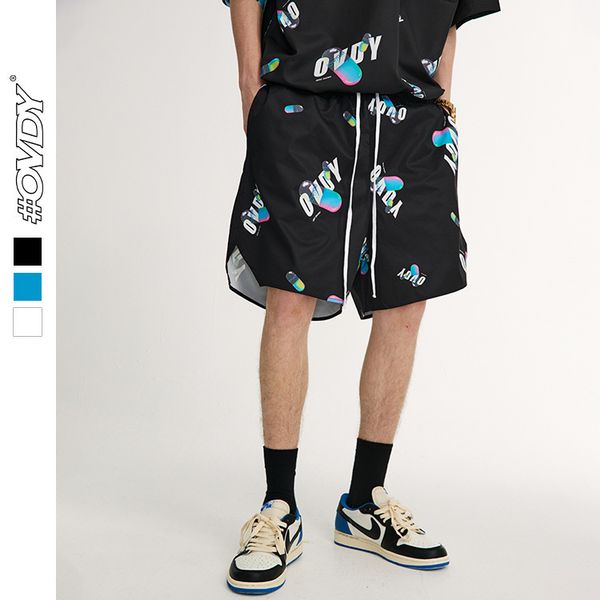 

wxwovdy men's 2021 spring and summer new fashion brand creative capsule print casual loose woven short sve, White;black