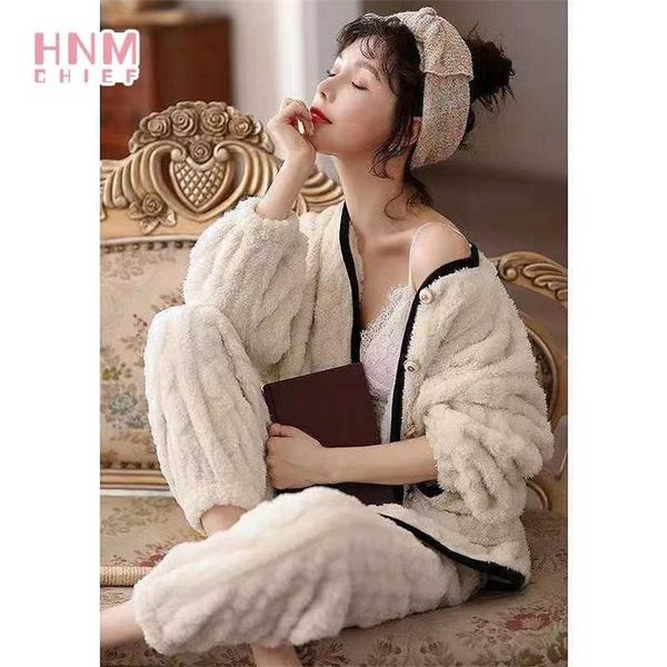 

women autumn winter coral velvet warm pajama sets simple lovely girls long sleeve solid homewear comfort soft v-neck sleepwear 211126, Black;red