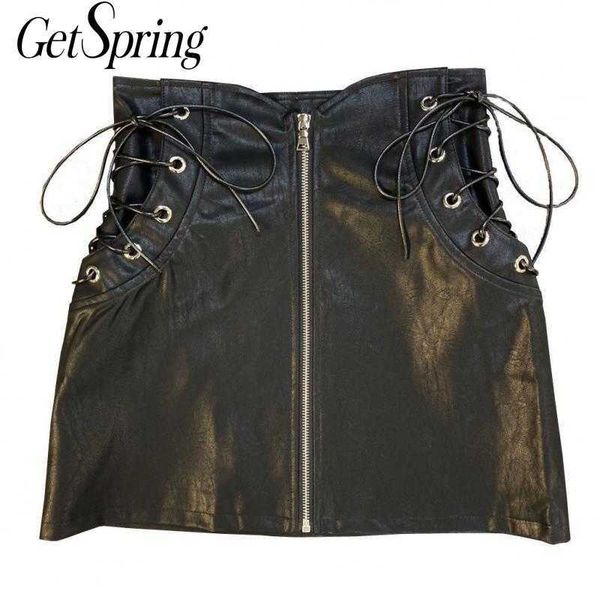 

getspring women skirt bandage pu leather wrap skirts woman black white vintage high waist short fashion 210601