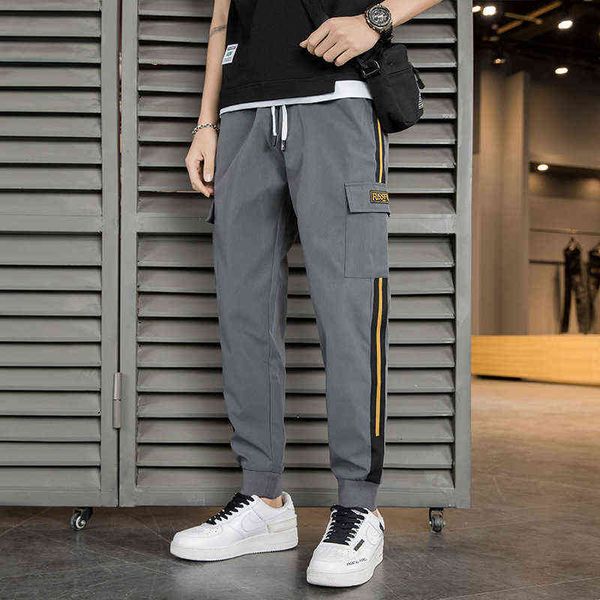 

men's jeans trendy casual men's 2021 large pocket overalls loose student pants pull out elastic waist, Blue