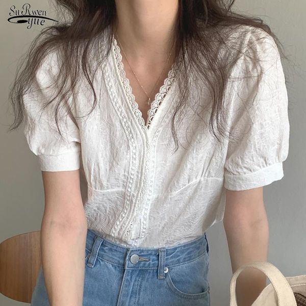 

women's blouses & shirts fashion v-neck loose blouse 2021 summer lace casual white puff sleeve shirt blusas mujer 14825