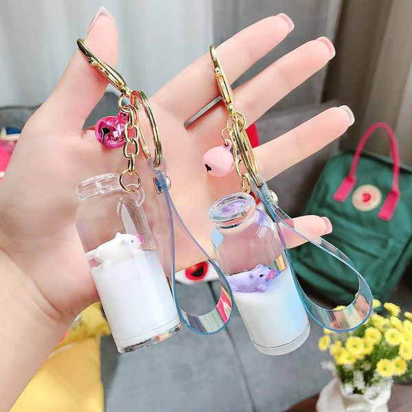 

keychains 2021 floating creative cute piggy milk bottle keychain moving liquid quicksand drift keyring for women bag pendant d559, Silver