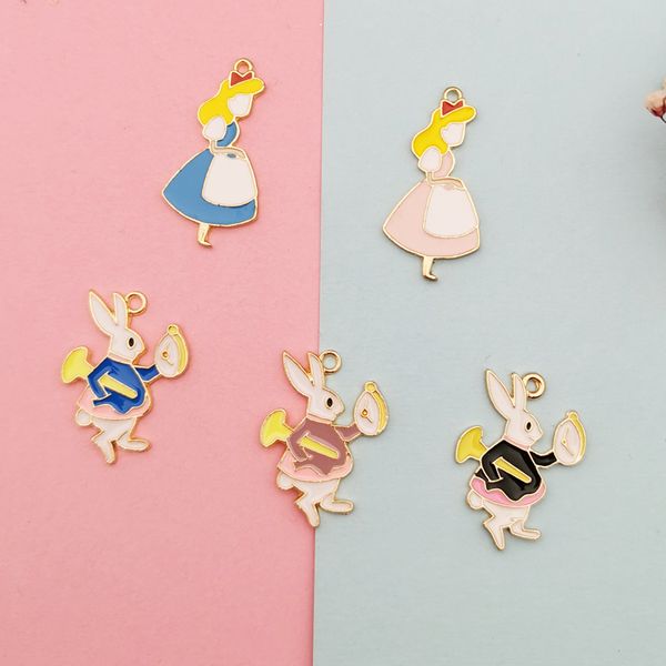 10 pcs esmalte série alice meninas relógio encantos pingentes para brincos de jóias colar acessórios de liga de cor dourada