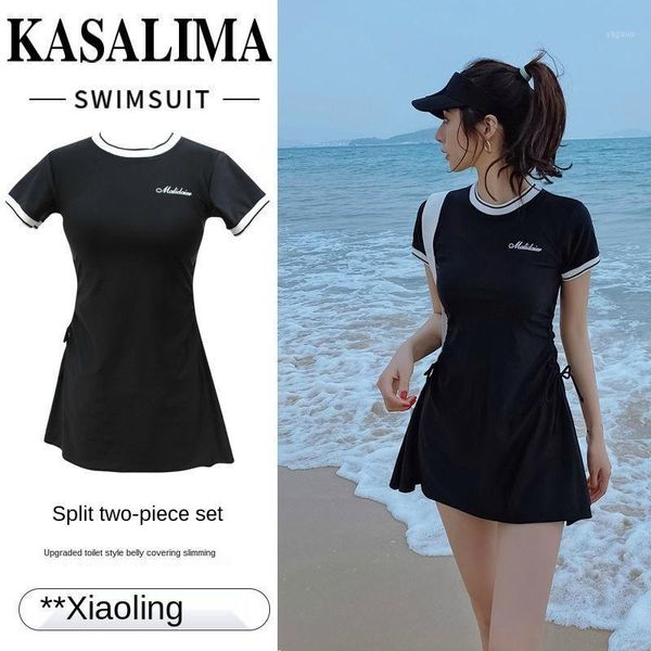 

swimsuit female beach dress covering belly thin korean ins super fairy conservative student split sports 2021 two-piece suit women's sw, White;black