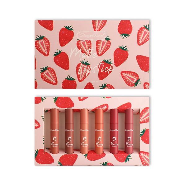

strawberry lipstick set 6pcs matte long-lasting waterproof velvet lip lipgloss kit cosmetics gift for girls women 1365