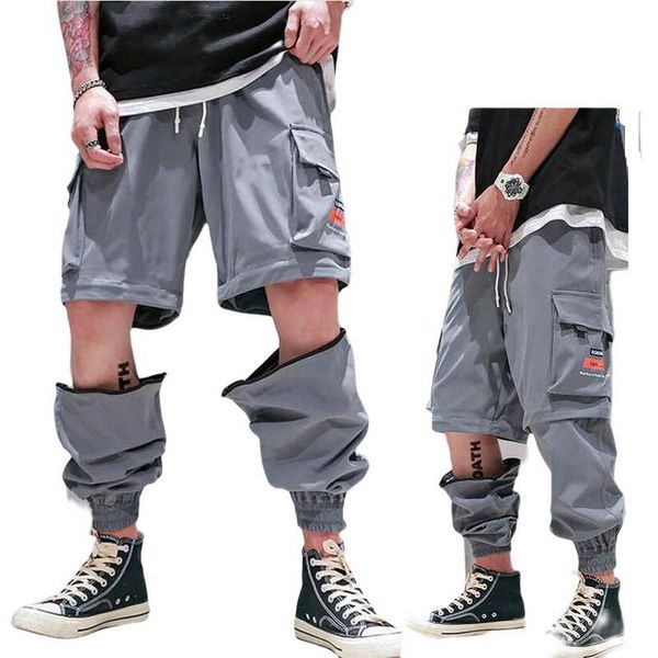 

detachable trousers and shorts for two wear summer hip hop joggers harem pants multi-pocket sweatpants overalls men's, Black