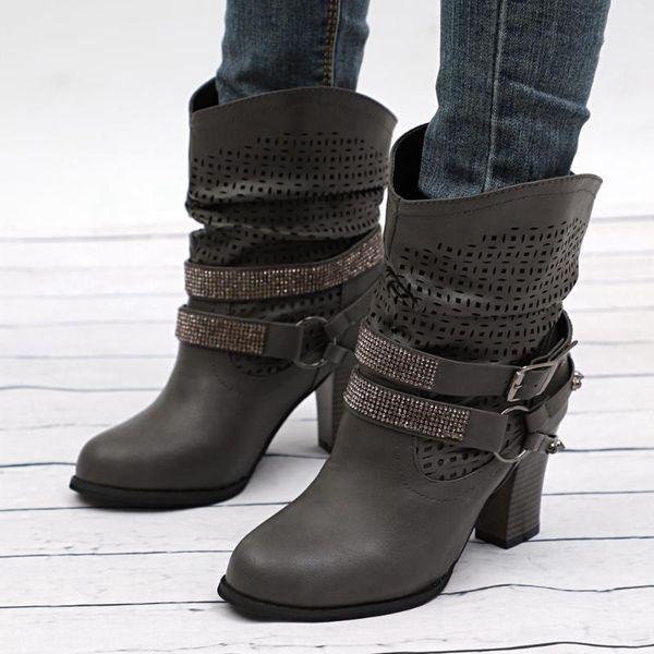 

boots large sizes 43 rivets chunky high heels women shoes retro crystals western spring autumn ankle1, Black