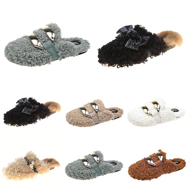 

fashion newly autumn winter womens slippers metal chain all inclusive wool slipper for women outer wear plus big szie muller half drag shoes, Black