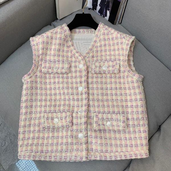 

women's vests vintage fake four pocket plaid fashion tweed vest coat women sleeveless jacket v-neck silk-lining gilet lady 2021, Black;white