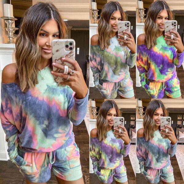 

tie dye two piece set casual long sleeve crop shirt and loose shorts home women sets summer outfits homewear women's tracksuits, Gray