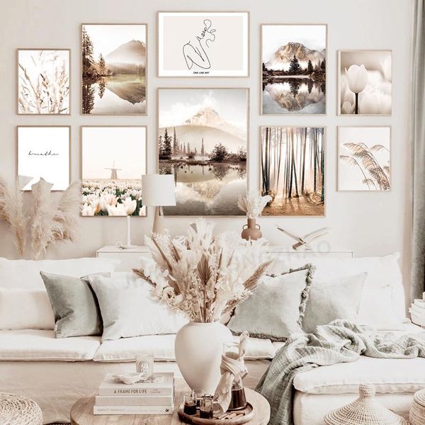

paintings home decor wall art canvas painting flower grass fog lake mountain landscape picture beige bohemia poster and print living room