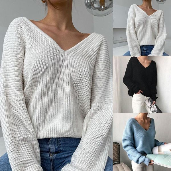 

women's sweaters women knitted sweater classic v neck basic soft solid color pullovers ladies clothing oversized autumn winter, White;black