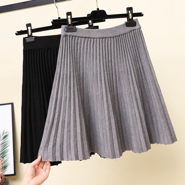 

skirts 2021 spring and autumn knitted warm women high waist pleated mini skirt female black khaki gray