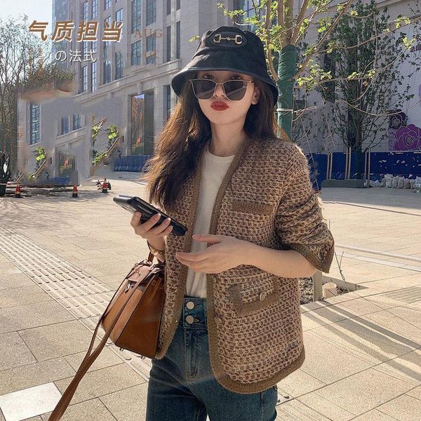 

women's jackets ewsfv 2021 autumn arrive women coarse flower coat trendy ins korean style v-neck full sleeve versatile loose outwear, Black;brown