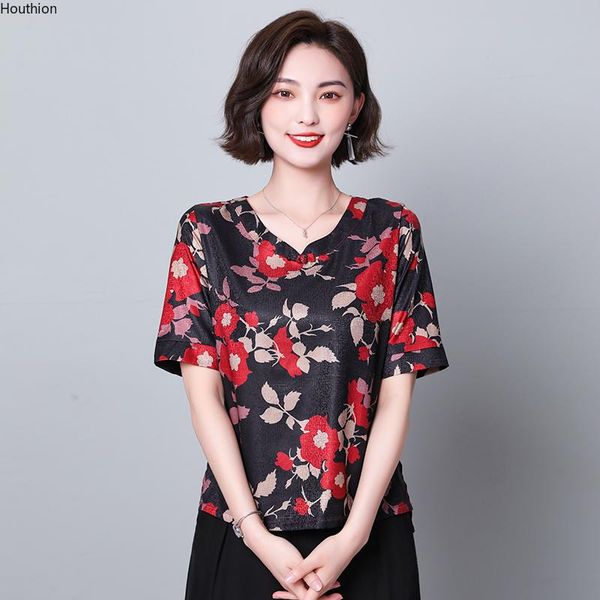 

women's blouses & shirts houthion blouse summer plus size printed short sleeve high-end drop v-neck silk casual fashion, White