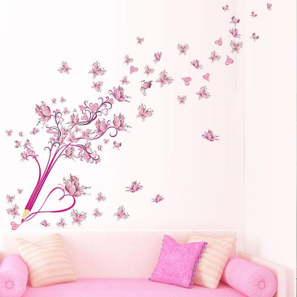 

wall stickers pink pencil butterfly flower sticker for bedroom living room background decoration decals mural art butterflies