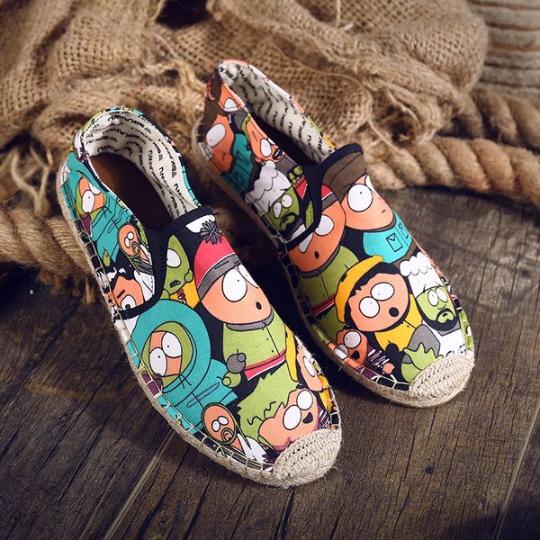 

designer shoes fashion men casual cartoon loafers shoes flats graffiti linen male espadrille canvas fisherman shoes men flats za, Black