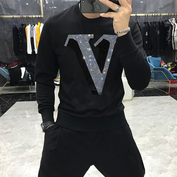 

men's hoodies & sweatshirts arrival of the winter for korean men european hoodie luxury diamond letter sweatshirt mark thick sweater of, Black