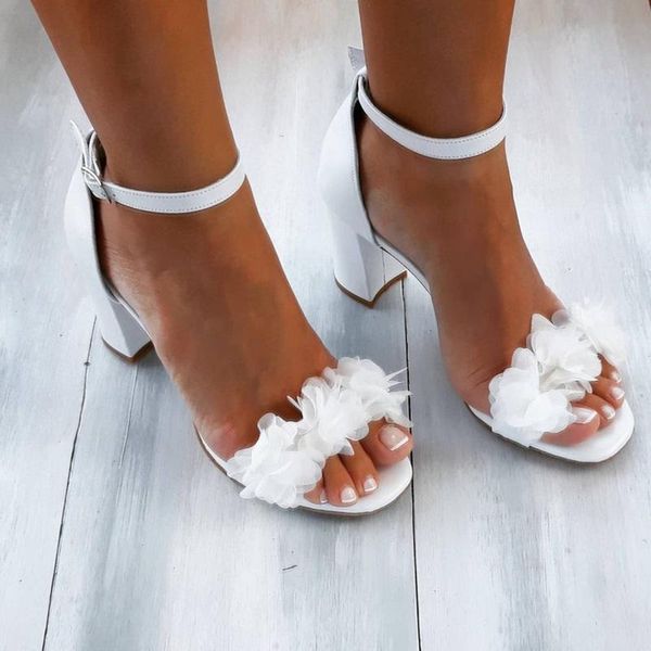 Sommer Frauen Offene spitze Sandalen Weiß High Heels Braut Hochzeit Party Mode Blumen Schnalle Damen