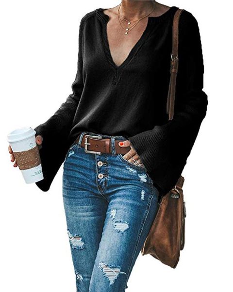 

solid color pullover european and american sweater women's temperament commuter v-neck large size loose woman sweaters, White;black