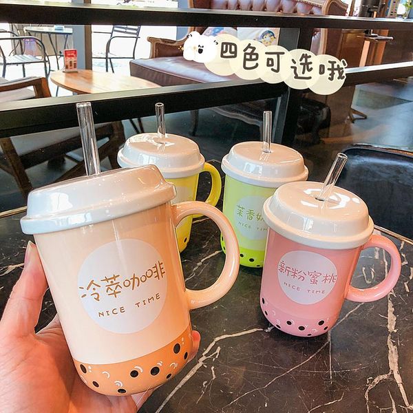 

mugs 350ml ceramic coffee mug creative cartoon straw cup with lid and handle kawaii boba office tea breakfast milk cups