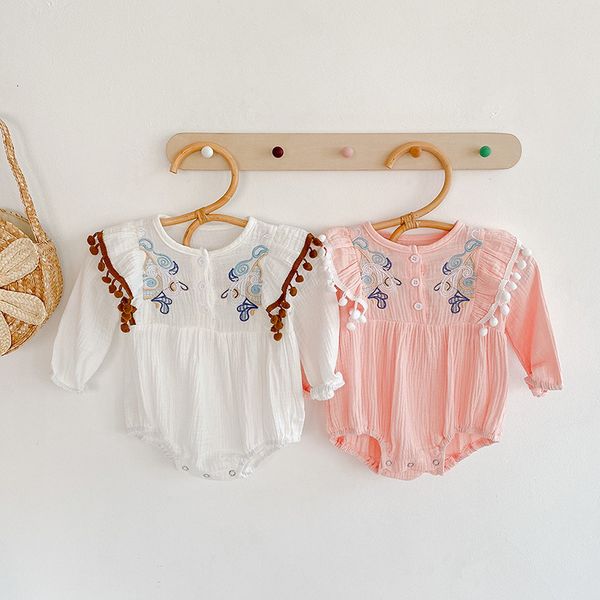 

children's suit korean baby girls embroidery rompers newborn princess jumpsuits cotton clothes children birthday christening frocks, White